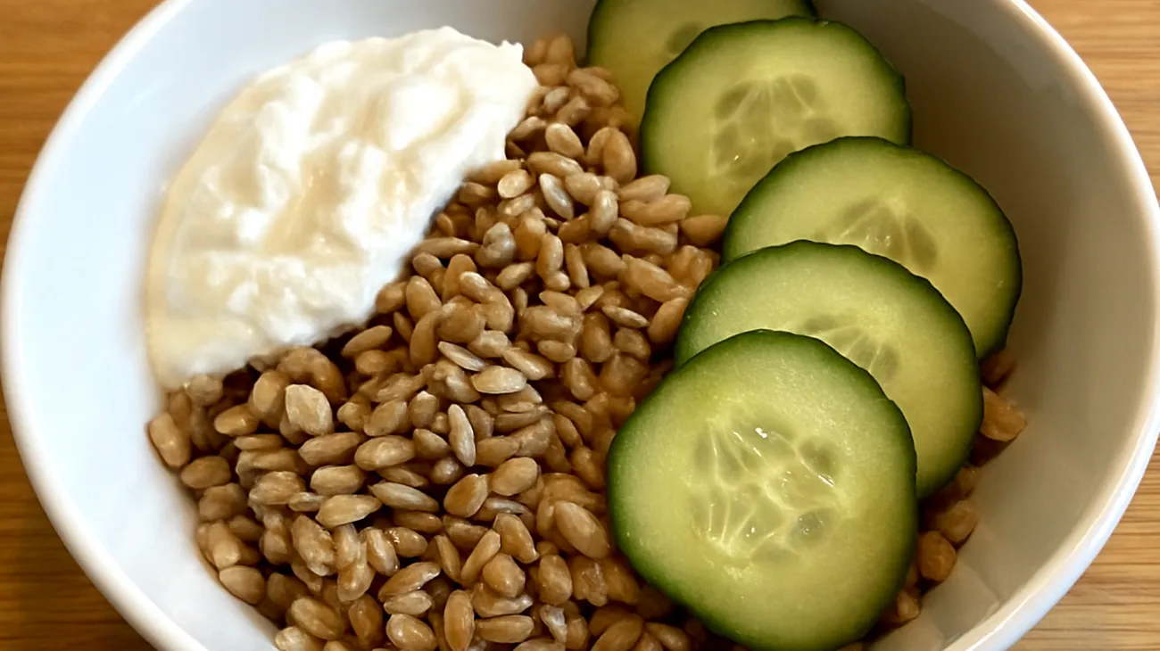 Insalata di farro con semi di girasole, cetrioli e yogurt greco"